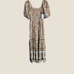 NWT Anthropologie Kindred Boho Warm Floral Rushed Ruffle Hem Maxi Dress Sz L